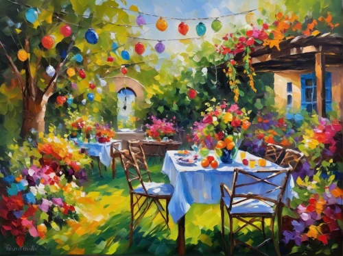 garden party,flower painting,tearoom,fabric painting,colomba di pasqua,bistro,watercolor cafe,cottage garden,colorful bunting,oil painting on canvas,church painting,art painting,summer cottage,fête,painting technique,yellow garden,alfresco,frutti di bosco,oil painting,italian painter,Conceptual Art,Oil color,Oil Color 22