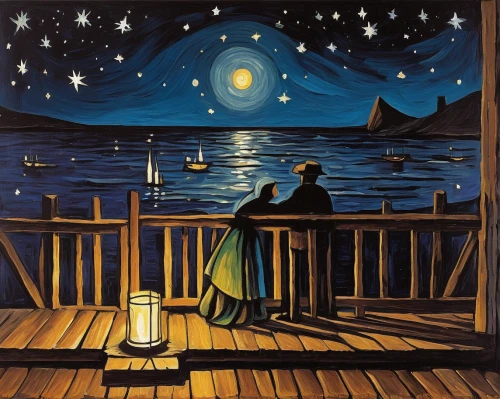 night scene,romantic scene,astronomers,romantic night,sea night,astronomer,motif,david bates,the moon and the stars,astronomy,oil painting on canvas,stargazing,honeymoon,young couple,man and wife,art painting,man and woman,starry night,two people,vintage couple silhouette,Art,Artistic Painting,Artistic Painting 05