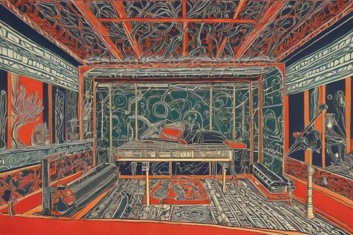 ornate room,escher,palace of knossos,pompeii,art nouveau,royal interior,interiors,art nouveau design,tapestry,theater curtain,art deco,dining room,theatre curtains,blue room,chamber,ufo interior,panoramical,empty interior,lacquer,computer room,Art,Artistic Painting,Artistic Painting 50
