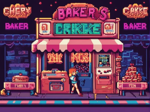 bakery,retro diner,cake shop,bake,diner,pastry shop,baker,jukebox,baked goods,neon cakes,donut illustration,ice cream shop,shopkeeper,bake sale,pixel art,retro background,kitchen shop,pâtisserie,retro styled,80's design,Unique,Pixel,Pixel 04