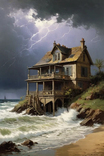 fisherman's house,house by the water,beach house,house of the sea,house insurance,summer cottage,coastal protection,dunes house,fisherman's hut,lifeguard tower,lonely house,wooden house,cottage,coastal landscape,home landscape,beachhouse,beach hut,sea storm,frederic church,light house,Art,Classical Oil Painting,Classical Oil Painting 32