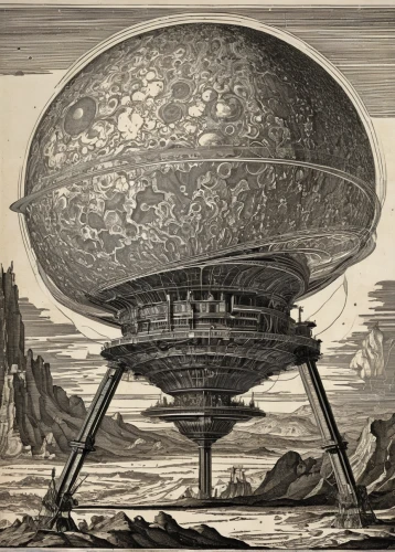 terrestrial globe,flying saucer,baron munchausen,orrery,brauseufo,planetarium,saucer,solar dish,lunar prospector,moon vehicle,granite dome,dish,astronomical object,cassini,panopticon,spherical image,tureen,engraving,musical dome,in the dish,Illustration,Black and White,Black and White 27