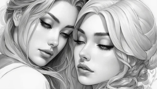 two girls,mirror image,pencil drawings,girl kiss,amorous,two beauties,romantic portrait,closeness,fashion illustration,young women,beautiful photo girls,mother and daughter,in pairs,opposites,cheek kissing,tenderness,sisters,joint dolls,eyes line art,femininity,Conceptual Art,Fantasy,Fantasy 03