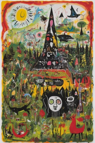 pachamama,cd cover,indigenous painting,folk art,campsite,campground,happy children playing in the forest,david bates,shirakami-sanchi,1971,bobby-car,camping car,1973,placemat,shamanism,tapestry,1967,road trip target,khokhloma painting,adventure playground,Conceptual Art,Graffiti Art,Graffiti Art 10