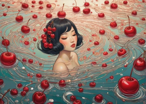 heart cherries,watery heart,water nymph,cherry petals,water pearls,water lotus,pomegranate,cherries,fallen petals,bubble cherries,immersed,siren,cherries in a bowl,maraschino,red balloon,koi,water rose,芦ﾉ湖,red magnolia,red apples,Illustration,Japanese style,Japanese Style 15