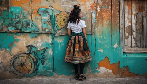 old havana,havana,girl walking away,girl in a historic way,painted wall,rusty door,havana cuba,graffiti,cuba background,tartan colors,colorful background,wall paint,boho background,street photography,urban street art,vietnamese woman,street artist,girl in a long dress,urban art,hanoi,Illustration,Realistic Fantasy,Realistic Fantasy 23