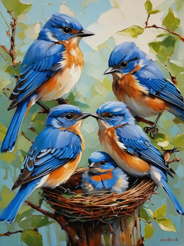 baby bluebirds,birds on a branch,bird painting,birds on branch,blue jays,fledgling bluebirds,juvenile bluebirds,blue birds and blossom,group of birds,songbirds,colorful birds,bird robins,western bluebird,bluebird,swallows,eastern bluebird,small birds,wild birds,little birds,oil painting on canvas,Conceptual Art,Oil color,Oil Color 08