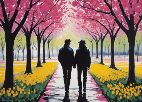 couple silhouette,cherry trees,young couple,springtime background,the cherry blossoms,sakura trees,vintage couple silhouette,loving couple sunrise,cherry blossom tree-lined avenue,blooming trees,girl and boy outdoor,tulip festival,two people,spring background,oil painting on canvas,takato cherry blossoms,flower painting,japanese sakura background,art painting,romantic scene,Conceptual Art,Graffiti Art,Graffiti Art 06