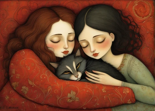 blue pillow,tenderness,two girls,cat lovers,carol colman,cloves schwindl inge,pillow,companionship,porcelain dolls,snuggle,cat love,whimsical animals,warm heart,amorous,two cats,throw pillow,lovers,affection,warmth,companion,Illustration,Abstract Fantasy,Abstract Fantasy 09