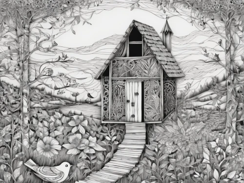 witch's house,witch house,the threshold of the house,treehouse,tree house,crooked house,fairy door,book illustration,fairy house,birdhouse,cottage,winding steps,bird house,little house,outhouse,the haunted house,hand-drawn illustration,winding staircase,ghost castle,lonely house,Illustration,Black and White,Black and White 11