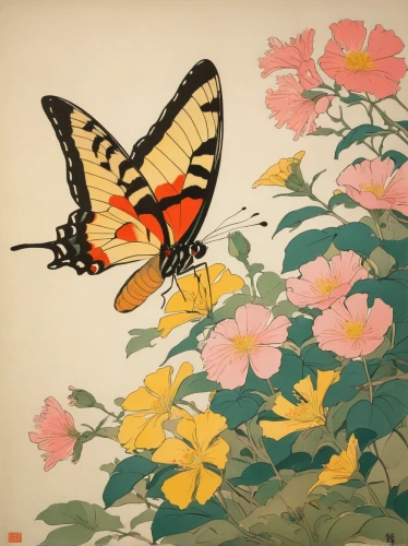 ulysses butterfly,butterfly floral,hesperia (butterfly),hybrid swallowtail on zinnia,giant swallowtail,western tiger swallowtail,eastern tiger swallowtail,swallowtail,swallowtail butterfly,palamedes swallowtail,butterfly background,eastern black swallowtail,brush-footed butterfly,flower and bird illustration,papilio,lycaena phlaeas,butterfly day,yellow butterfly,cupido (butterfly),butterflay,Illustration,Japanese style,Japanese Style 21