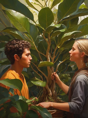 young couple,adam and eve,oil on canvas,oil painting on canvas,oil painting,garden of eden,digital painting,oleaceae,painting technique,artocarpus,bay laurel,ixora,painting,poisonous plant,pam trees,forest workers,bouguereau,heads of royal palms,exotic plants,meticulous painting,Conceptual Art,Fantasy,Fantasy 18