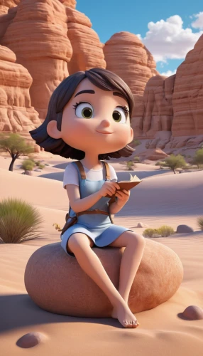 agnes,clay animation,desert background,cute cartoon character,singing sand,timna park,animated cartoon,capture desert,wadirum,girl sitting,petra,sossusvlei,girl on the dune,character animation,sandstone,desert,anasazi,ait-ben-haddou,moana,lilo,Unique,3D,3D Character