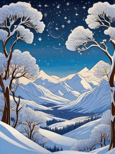 snow landscape,christmas landscape,winter landscape,snowy landscape,snow scene,christmas snowy background,snowy mountains,winter background,snow trees,snowy peaks,salt meadow landscape,mountain scene,snow fields,mountains snow,winter forest,night snow,snow mountain,mountain landscape,snow mountains,david bates,Illustration,Retro,Retro 08