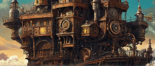 grandfather clock,clockmaker,steampunk,clock tower,tower clock,gold castle,tower of babel,clock,old clock,fantasy city,ancient city,steampunk gears,longcase clock,world clock,clockwork,street clock,castle of the corvin,astronomical clock,clocks,ancient house,Conceptual Art,Fantasy,Fantasy 14