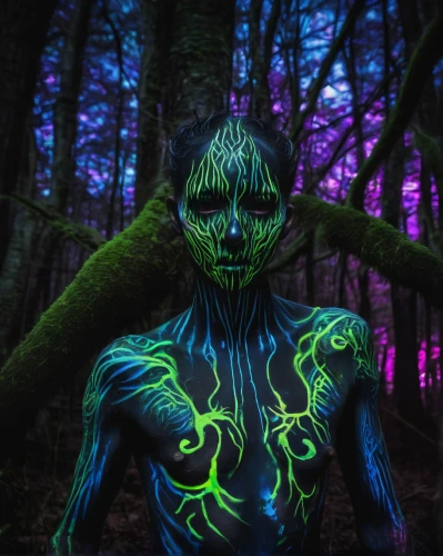 neon body painting,neon ghosts,bodypainting,supernatural creature,forest man,tree man,black light,glow in the dark paint,light paint,haunted forest,bodypaint,bioluminescence,lightpainting,creepy bush,body painting,green goblin,dryad,ghoul,creepy tree,aaa,Illustration,Realistic Fantasy,Realistic Fantasy 47