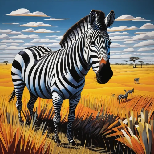 burchell's zebra,zebra,zebra crossing,quagga,david bates,baby zebra,diamond zebra,zebras,zebra pattern,zonkey,zebra rosa,whimsical animals,zebra longwing,anthropomorphized animals,striped background,painted horse,straw animal,stripe,black paint stripe,steppe,Art,Artistic Painting,Artistic Painting 34
