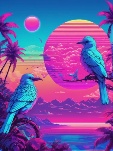 tropical birds,tropical bird,colorful birds,bird kingdom,80's design,bird bird kingdom,retro background,tropics,flamingos,colorful background,birds,80s,birds on a branch,bird island,parrots,palmtrees,paradiso,flamingo,hd wallpaper,tropical island,Conceptual Art,Sci-Fi,Sci-Fi 28