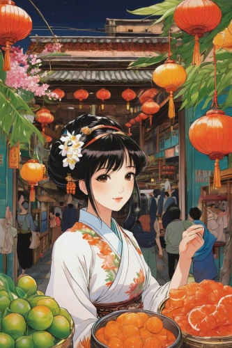 spring festival,mid-autumn festival,citrus food,oriental girl,tangerines,izakaya,oriental princess,fruit market,japanese cuisine,takoyaki,torii,festival,japanese floral background,asia,horumonyaki,okinawan cuisine,oranges,mitarashi dango,anime japanese clothing,winter festival,Illustration,Japanese style,Japanese Style 13