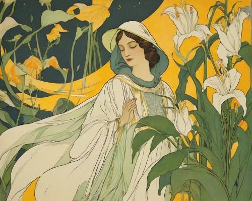 mucha,lilly of the valley,lily of the field,kate greenaway,madonna lily,jonquils,lilies of the valley,lily of the valley,lily of the nile,jonquil,girl in the garden,lily of the desert,alfons mucha,art nouveau,art nouveau design,yellow iris,flora,art deco woman,day lilly,vintage illustration,Illustration,Retro,Retro 07