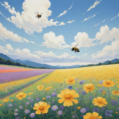 flower field,bumblebees,blooming field,bees,flowers field,honey bees,field of flowers,flower meadow,cosmos flowers,honeybees,meadow landscape,bee colony,bee pasture,summer meadow,honey bee home,bee farm,swarm of bees,bee,flying dandelions,bees pasture,Illustration,Japanese style,Japanese Style 10