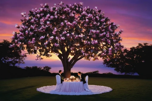 lilac tree,wedding decoration,magnolia tree,cherry blossom tree,almond tree,blossom tree,peach tree,romantic scene,table arrangement,flower tree,blossoming apple tree,jaggery tree,bodhi tree,argan tree,cherry tree,fruit tree,quinceañera,apple tree,wedding reception,romantic dinner,Conceptual Art,Fantasy,Fantasy 20