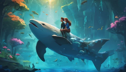 girl with a dolphin,underwater background,fantasy picture,trainer with dolphin,underwater world,world digital painting,under the sea,underwater oasis,fantasy art,game illustration,3d fantasy,aquarium,mermaid background,aquatic life,dolphin rider,cg artwork,game art,encounter,forest fish,ocean paradise,Conceptual Art,Fantasy,Fantasy 02