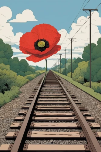 red poppy on railway,red poppy,remembrance day,railroad crossing,lest we forget,poppy field,german reichsbahn,poppy fields,remembrance,red heart on railway,reichsbahn,coquelicot,poppies in the field drain,railroad,red poppies,anzac,lost in war,travel poster,poppy red,world war,Illustration,Vector,Vector 12