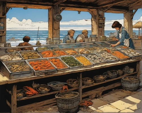 seafood counter,fishmonger,fish market,sea foods,sea food,medieval market,spice market,seafood,beach restaurant,merchant,grocer,watercolor shops,the market,buffet,fish supply,fresh fish,portuguese galley,forage fish,market stall,marketplace,Conceptual Art,Daily,Daily 09