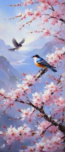 blue birds and blossom,japanese sakura background,sakura background,bird painting,sakura trees,sakura blossoms,springtime background,spring blossoms,sakura blossom,spring background,spring morning,the cherry blossoms,cold cherry blossoms,spring blossom,spring bird,sakura branch,sakura tree,cherry blossoms,autumn cherry blossoms,almond blossoms,Conceptual Art,Oil color,Oil Color 03