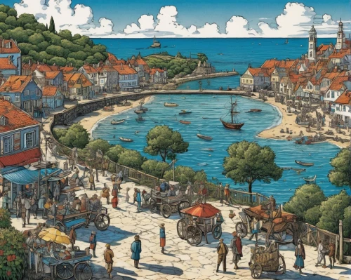 constantinople,popeye village,hanseatic city,escher village,fishing village,honfleur,dubrovnik city,seaside resort,harbor,delft,island of rab,david bates,harbour,dubrovnik,medieval town,robin hood's bay,willemstad,regatta,robert duncanson,nassau,Illustration,Black and White,Black and White 27