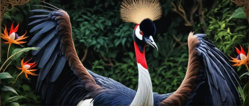 cassowary,eastern crowned crane,saddle-billed stork,gray crowned crane,grey crowned cranes,grey crowned crane,ivory-billed woodpecker,red-crowned crane,bird-of-paradise,black macaws sari,bird of paradise,white-naped crane,black-billed stork,parrot feathers,ictoria crowned pigeon,macaws,beak feathers,prince of wales feathers,couple macaw,blue macaws,Illustration,Realistic Fantasy,Realistic Fantasy 46