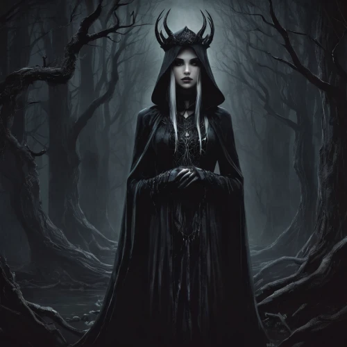 gothic woman,dark elf,gothic portrait,priestess,dark gothic mood,the enchantress,sorceress,queen of the night,dark art,blackmetal,huntress,dark angel,the witch,goth woman,evil woman,daemon,horned,angel of death,pagan,maiden,Conceptual Art,Fantasy,Fantasy 34