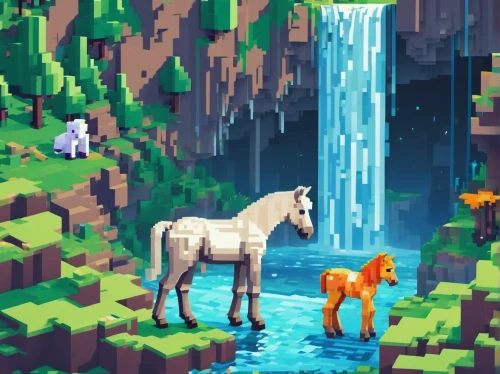 horse with cub,pixel art,a small waterfall,colorful horse,water fall,water falls,waterfall,the horse at the fountain,pony farm,wasserfall,unicorn background,albino horse,brown waterfall,wishing well,bridal veil fall,dream horse,two-horses,pony,horses,foal,Unique,Pixel,Pixel 03