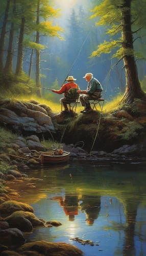 fishing float,fishing camping,fisherman,fly fishing,hunting scene,fishing,fishermen,fishing tent,angler,fishing lure,crab violinist,spoon lure,big-game fishing,canoeing,forest fish,fishing classes,idyll,people fishing,angling,fantasy picture,Illustration,Realistic Fantasy,Realistic Fantasy 32