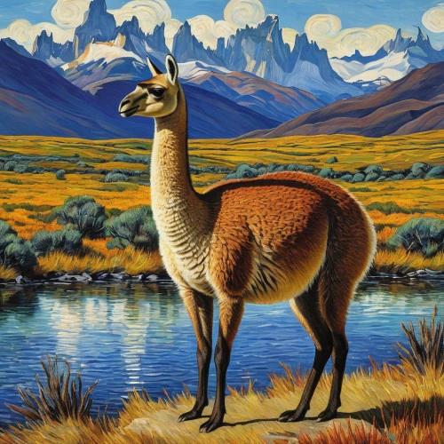 guanaco,vicuña,altiplano,vicuna,camelid,llama,dromedaries,dromedary,male camel,llamas,giraffidae,argali,the salar de uyuni,bazlama,hare of patagonia,camel,pronghorn,barbary sheep,lama,two-humped camel,Art,Artistic Painting,Artistic Painting 03