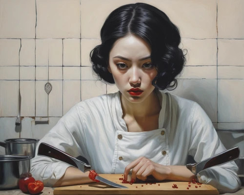 girl in the kitchen,woman holding pie,woman eating apple,girl with bread-and-butter,geisha girl,geisha,italian painter,knife kitchen,asian woman,girl with cereal bowl,meticulous painting,confectioner,japanese woman,han thom,cookery,vietnamese woman,woman with ice-cream,oil painting on canvas,oil painting,woman at cafe,Illustration,Realistic Fantasy,Realistic Fantasy 07