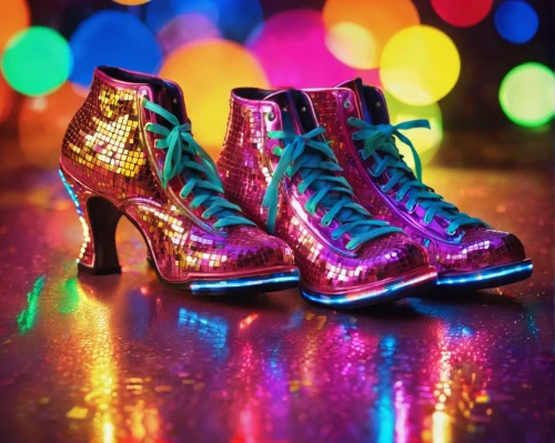 dancing shoes,women's boots,christmas boots,jelly shoes,retro eighties,ankle boots,neon candies,high heel shoes,steel-toed boots,heeled shoes,doll shoes,glitter trail,women's shoes,dancing shoe,neon candy corns,nicholas boots,disco,go-go dancing,liberty spikes,neon lights,Illustration,Realistic Fantasy,Realistic Fantasy 38