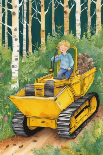 logging truck,logging,farmer in the woods,log truck,road roller,bulldozer,dirt mover,tracked dumper,yellow machinery,tractor,digging equipment,heavy machinery,farm tractor,construction machine,log cart,construction vehicle,backhoe,combine harvester,heavy equipment,forest workers,Illustration,Paper based,Paper Based 22