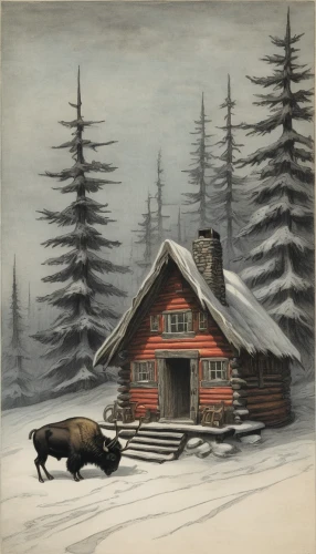 christmas buffalo raccoon and deer,silvertip fir,log cabin,winter animals,snow scene,winter house,log home,nordic christmas,whistler,buffalo plaid red moose,nordic bear,mountain hut,christmas landscape,north pole,david bates,snowhotel,winter landscape,snowy still-life,landseer,snow house,Illustration,Black and White,Black and White 23