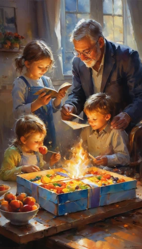 grandchildren,children's christmas,christmas scene,the occasion of christmas,the gifts,the holiday of lights,first advent,children studying,opening presents,fourth advent,advent season,the first sunday of advent,third advent,advent time,blessing of children,painting easter egg,hannukah,painting eggs,grandparents,parents with children,Conceptual Art,Oil color,Oil Color 03