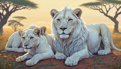 lionesses,white lion family,lions couple,male lions,lion children,white lion,two lion,lions,lion white,panthera leo,lion with cub,african lion,lion father,forest king lion,big cats,serengeti,king of the jungle,white tiger,three kings,white bengal tiger,Illustration,Realistic Fantasy,Realistic Fantasy 12