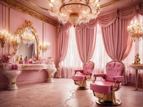 beauty room,beauty salon,luxury bathroom,the little girl's room,ornate room,salon,pink chair,bridal suite,luxury,luxurious,rococo,great room,damask,the throne,luxury hotel,parlour,royal interior,doll kitchen,interior decoration,interior design,Illustration,Realistic Fantasy,Realistic Fantasy 02