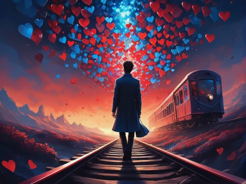 red and blue heart on railway,glowing red heart on railway,red heart on railway,train of thought,heart medallion on railway,the train,last train,train,the girl at the station,the heart of,the luv path,diamond-heart,train ride,throughout the game of love,heart in hand,journey,crying heart,train way,railroad,red heart medallion on railway,Conceptual Art,Fantasy,Fantasy 21