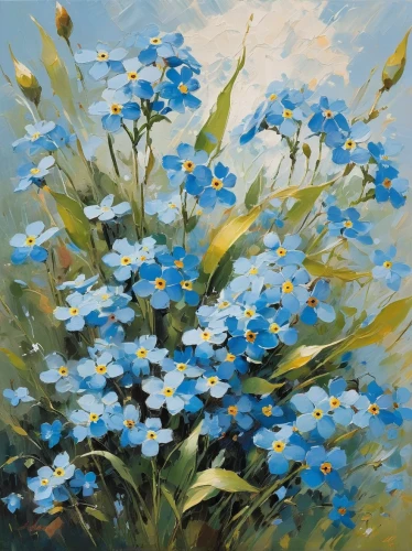 blue daisies,blue flowers,forget-me-nots,forget-me-not,alpine forget-me-not,blue petals,forget me nots,flower painting,blue painting,heath aster,blue flower,water forget me not,blue butterflies,myosotis,blue flax,forget me not,wildflowers,australian daisies,flowers of the field,daisies,Conceptual Art,Oil color,Oil Color 10