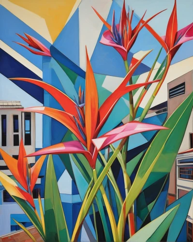 palm branches,heliconia,athens art school,strelitzia,facade painting,strelitzia orchids,palm lilies,bird of paradise,majorelle blue,matruschka,mural,palm field,meticulous painting,palm pasture,gymea lily,palm fronds,urban landscape,royal palms,two palms,saturated colors,Art,Artistic Painting,Artistic Painting 45