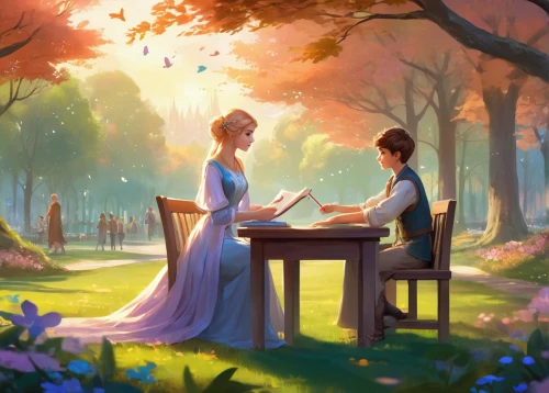 romantic scene,serenade,piano lesson,a fairy tale,fairytale,fairy tale,idyll,love letter,romantic meeting,fairytales,girl and boy outdoor,fantasy picture,children's fairy tale,courtship,playing outdoors,summer evening,picnic,romantic portrait,piano player,concerto for piano,Illustration,Realistic Fantasy,Realistic Fantasy 01