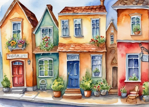 houses clipart,watercolor shops,row houses,townhouses,watercolor cafe,watercolor background,watercolor tea shop,watercolor painting,row of houses,wooden houses,french quarters,watercolor paris,watercolor,old houses,watercolor paris shops,half-timbered houses,watercolor paint,houses,colored pencil background,old town house,Illustration,Paper based,Paper Based 24