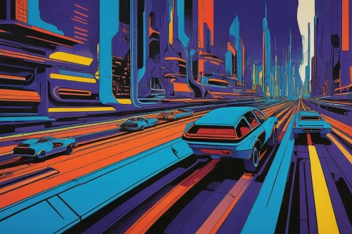futuristic landscape,city highway,night highway,sci fiction illustration,vanishing point,abstract retro,cityscape,metropolis,drive,colorful city,highway lights,highway,freeway,retro background,art deco background,city scape,detail shot,cities,city lights,bottleneck,Art,Classical Oil Painting,Classical Oil Painting 30