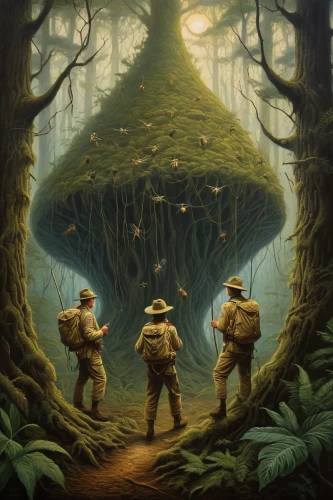 mushroom landscape,forest workers,mushroom island,tree mushroom,forest mushroom,guards of the canyon,the forests,game illustration,big trees,the forest,forest mushrooms,sci fiction illustration,travelers,adventure game,troop,forest animals,boy scouts,tree frogs,druids,old-growth forest,Illustration,Realistic Fantasy,Realistic Fantasy 40